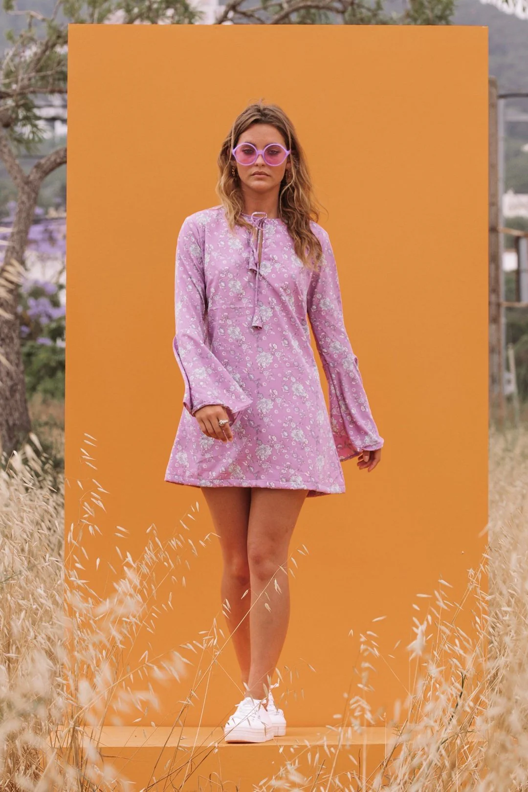 ALETA Bell Sleeve Lavender Mini Dress - Image 4