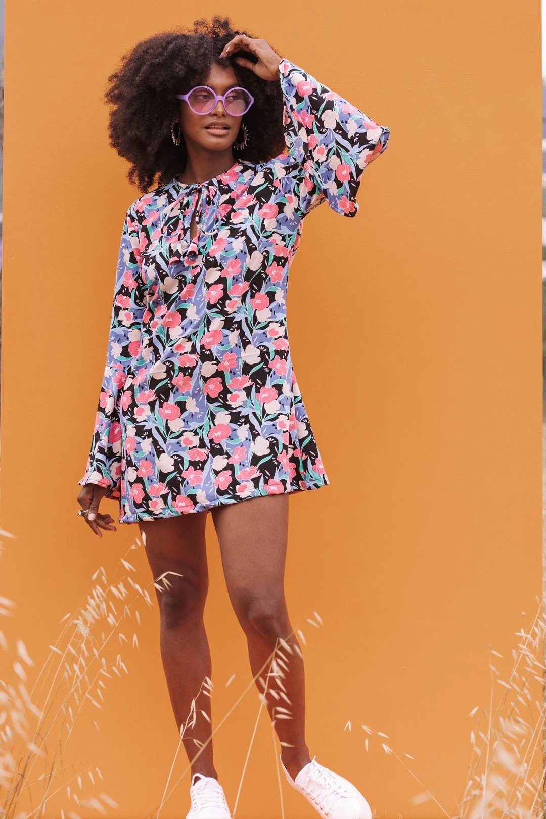 ALETA MINI DRESS - Women's Bell Sleeve 70s Floral Dress - Image 3