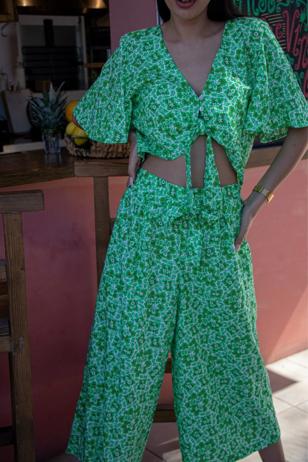 ARI Cropped Tie Blouse - Green Botanical - Image 3
