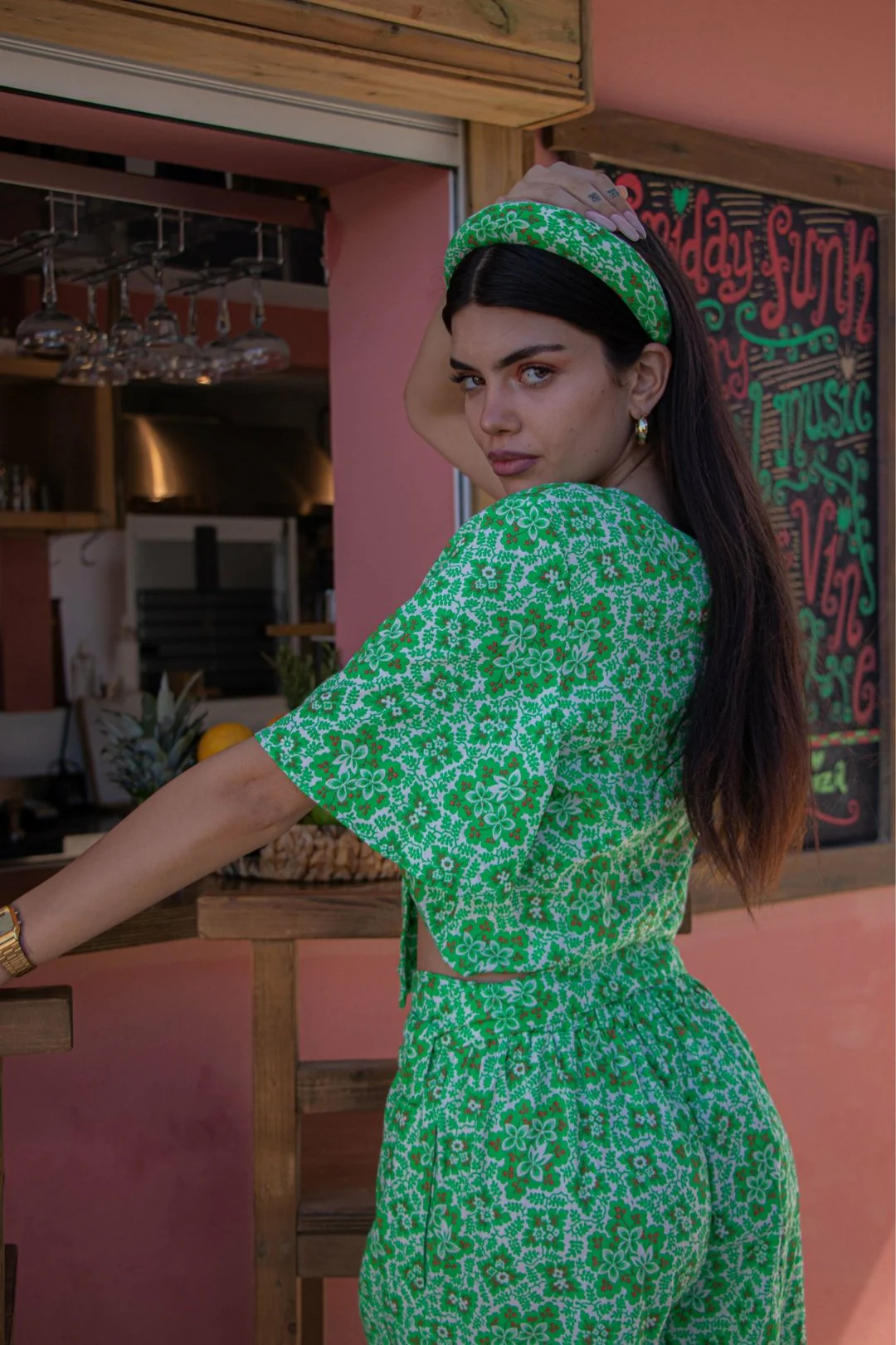 ARI Cropped Tie Blouse - Green Botanical - Image 4
