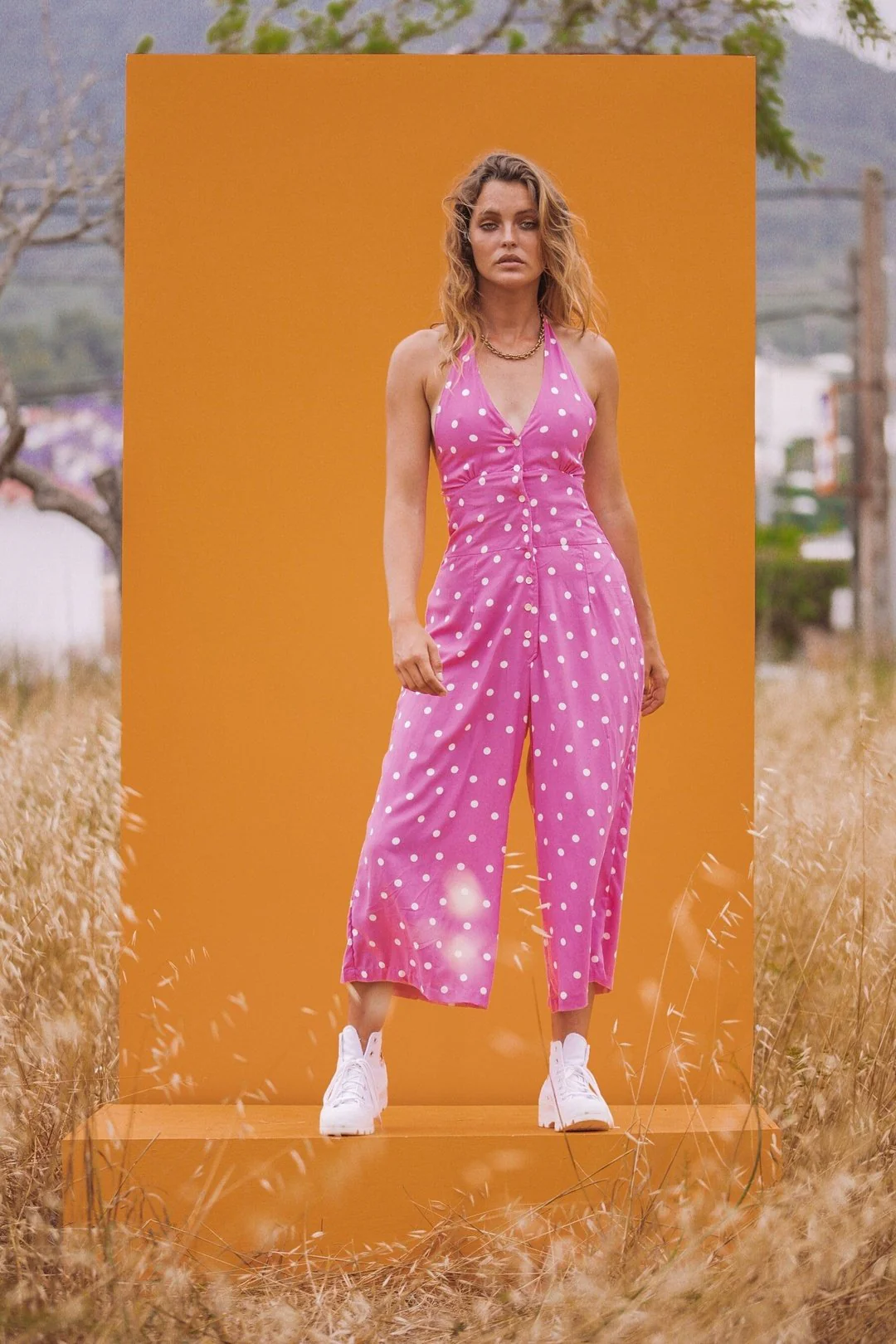 BAMBI HALTERNECK JUMPSUIT- Women's Wide Leg Pink and White Polkadot Playsuit - Image 4