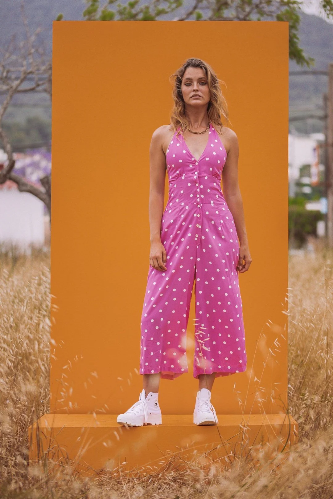 BAMBI HALTERNECK JUMPSUIT- Women's Wide Leg Pink and White Polkadot Playsuit - Image 5
