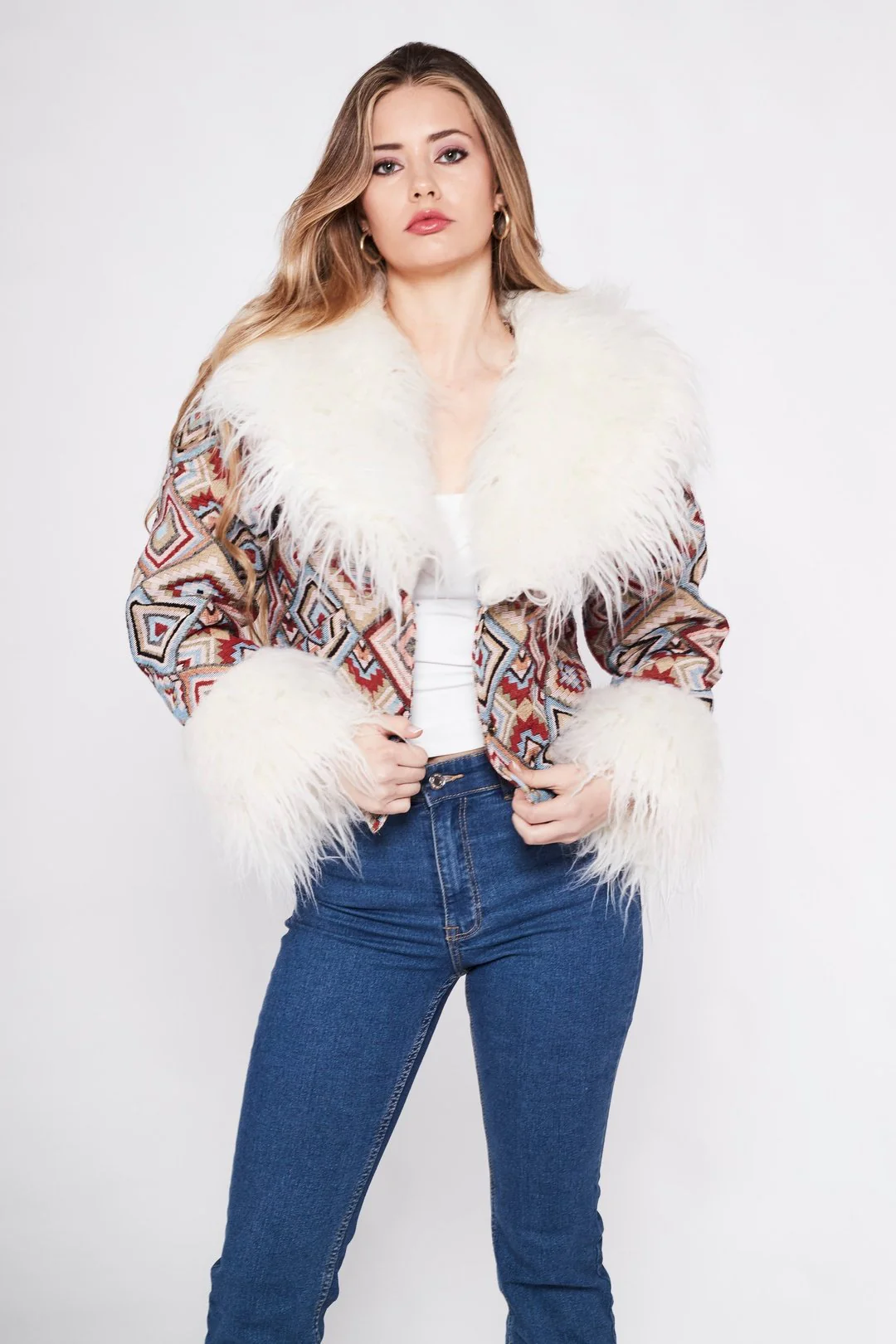 CAYOTE Afghan Bomber Jacket in Cream, Red and Baby Blue Geo - Image 2