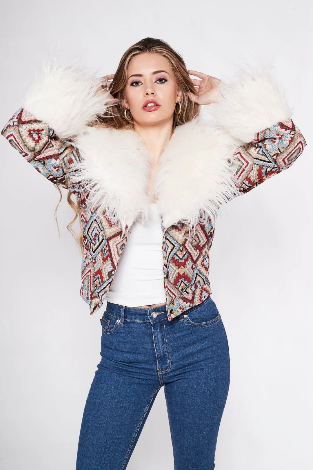 CAYOTE Afghan Bomber Jacket in Cream, Red and Baby Blue Geo - Image 3