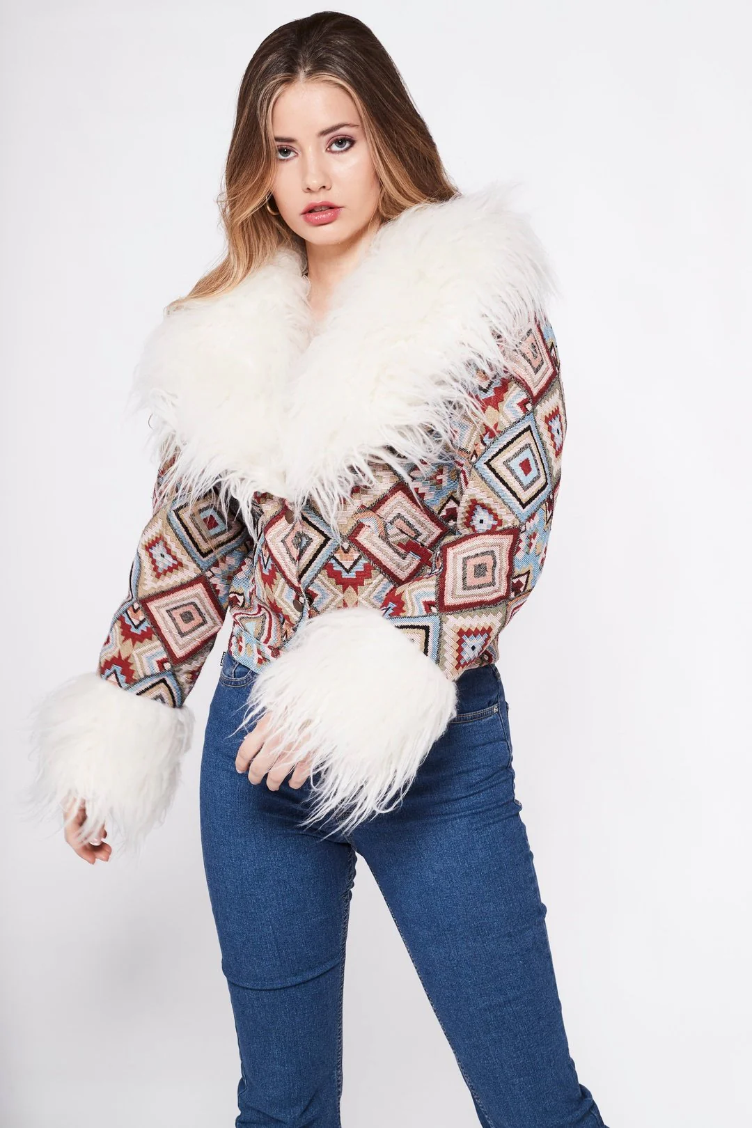 CAYOTE Afghan Bomber Jacket in Cream, Red and Baby Blue Geo - Image 4