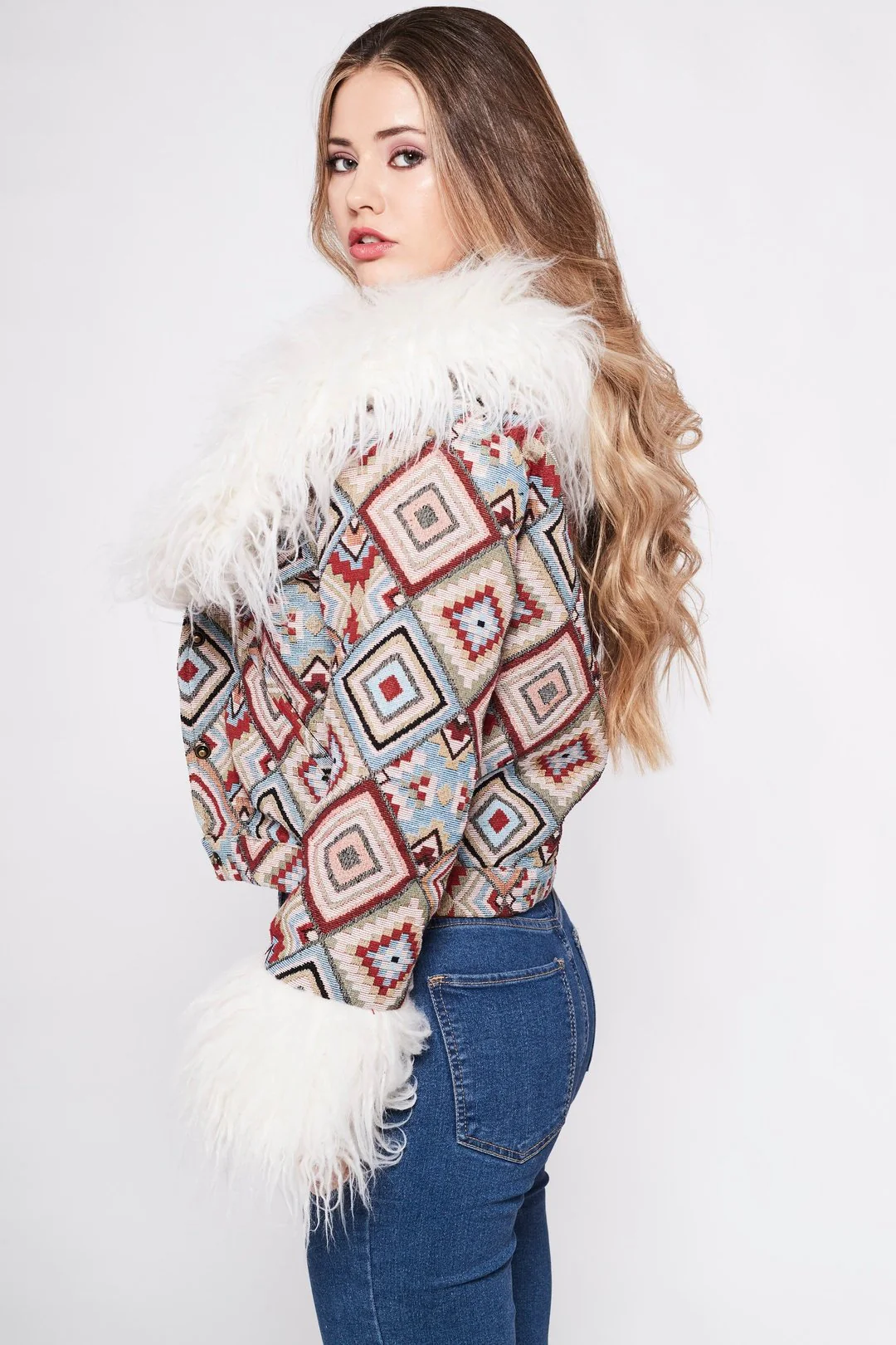 CAYOTE Afghan Bomber Jacket in Cream, Red and Baby Blue Geo - Image 5