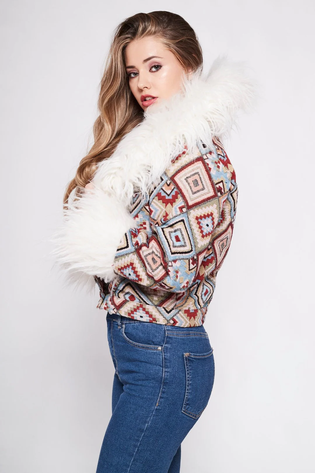 CAYOTE Afghan Bomber Jacket in Cream, Red and Baby Blue Geo - Image 6