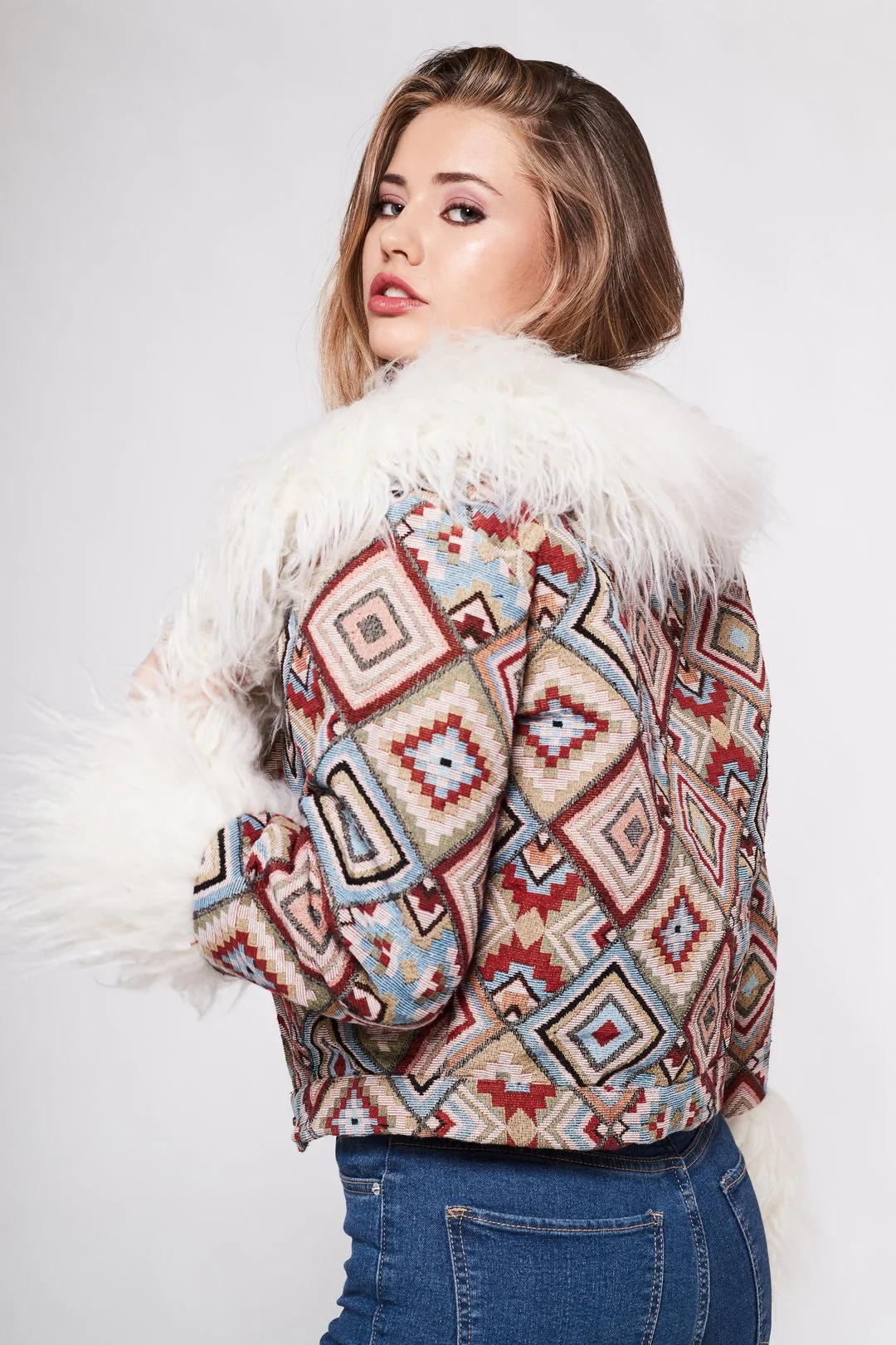 CAYOTE Afghan Bomber Jacket in Cream, Red and Baby Blue Geo - Image 7