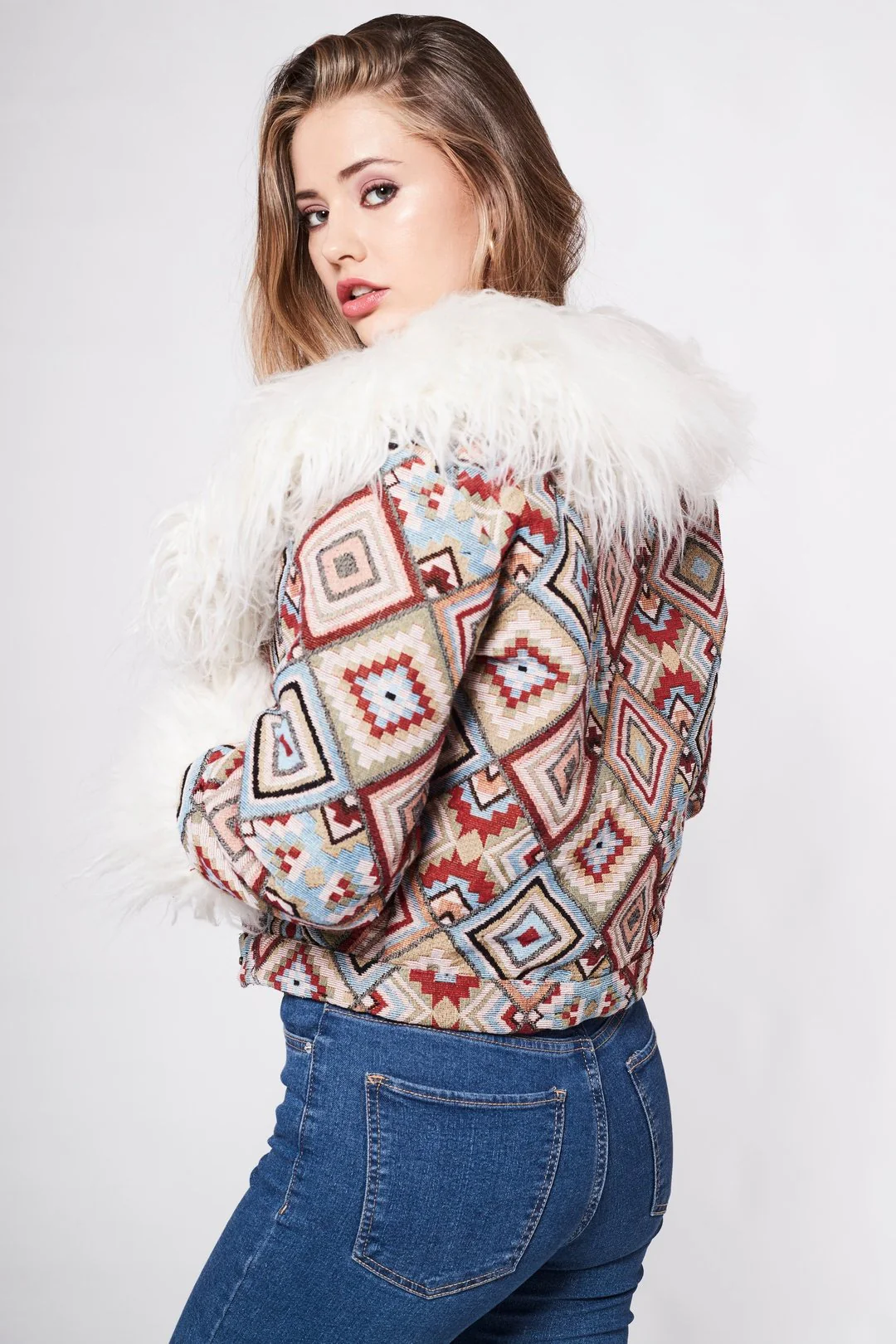 CAYOTE Afghan Bomber Jacket in Cream, Red and Baby Blue Geo - Image 8