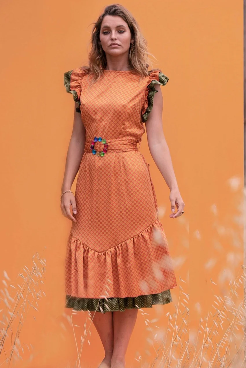 CECILIA Orange Spanish Dress with Green Thrill Sleeves