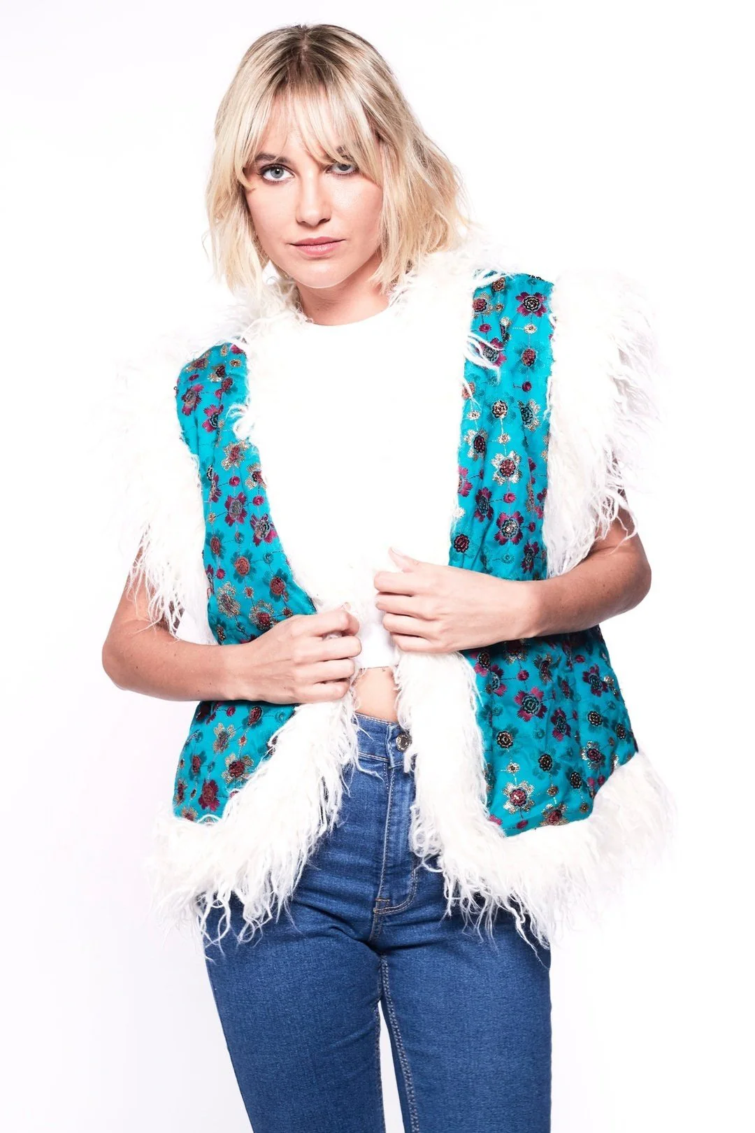 JONI Waistcoat - Afghan Style Bright Blue Embroidered Gilet Fur Trim - Image 4