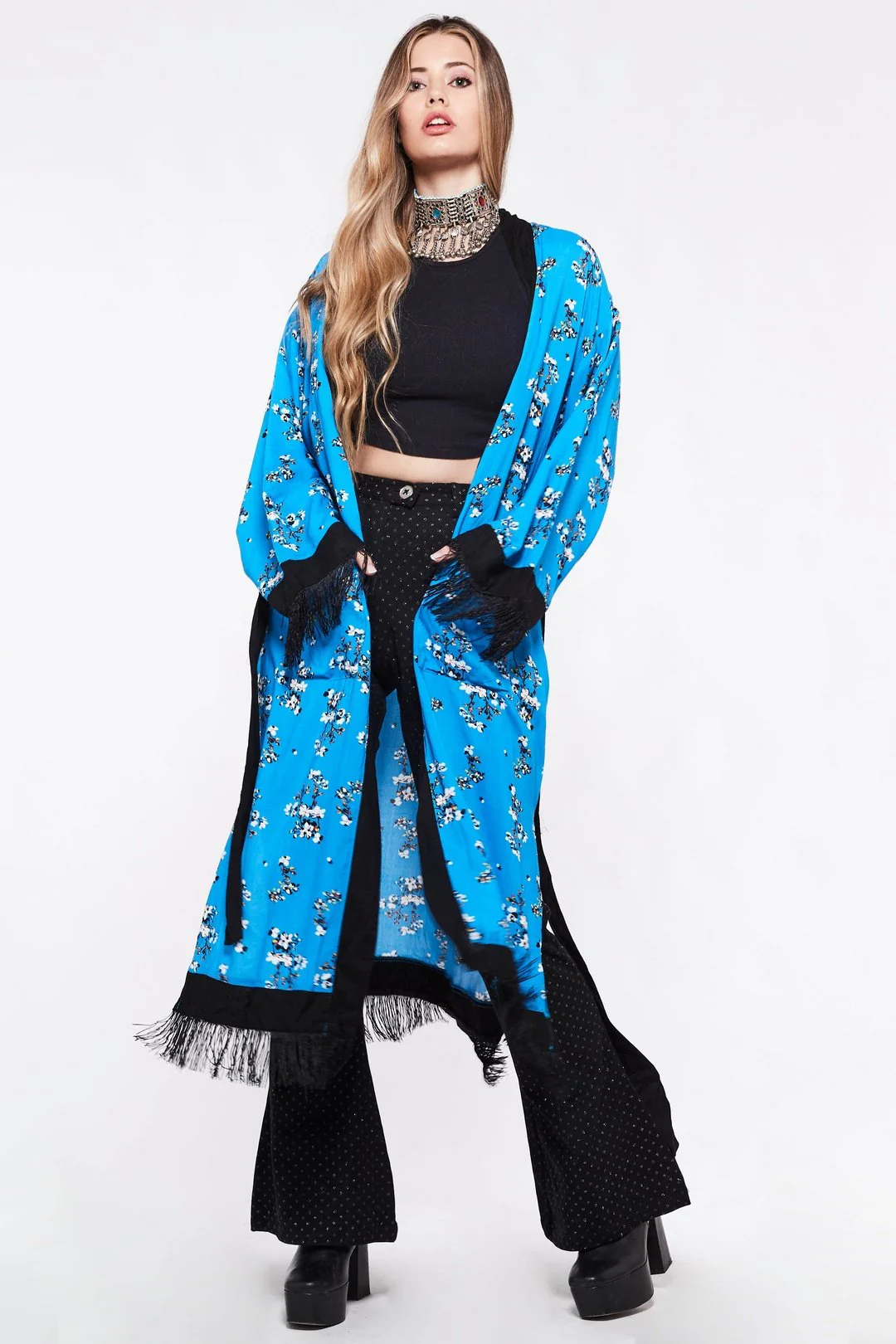FIESTA Kimono Bright Blue with Black Fringe - Image 3