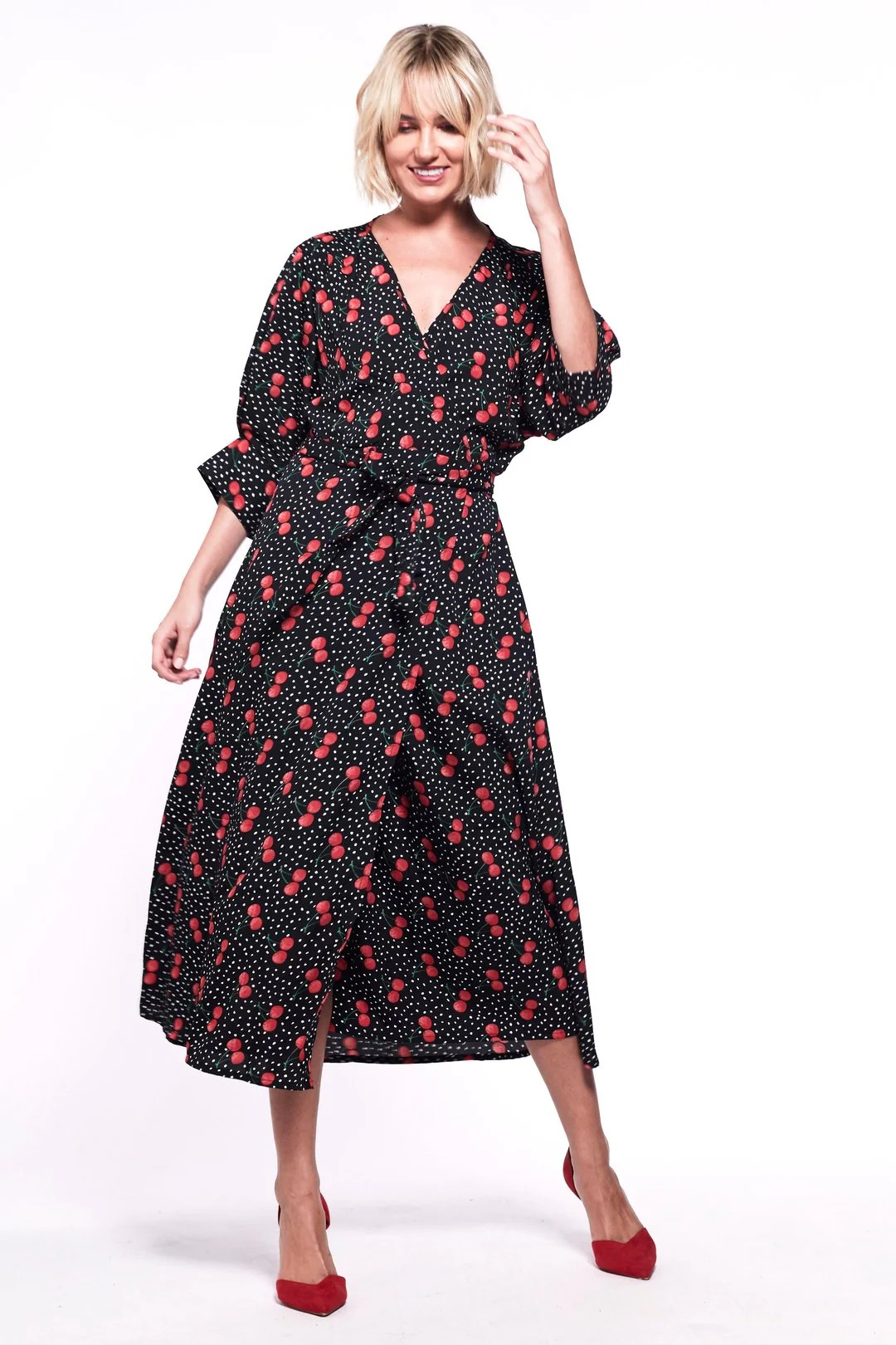 GABRIELA Wrap Dress Black and Cherry Print - Image 2