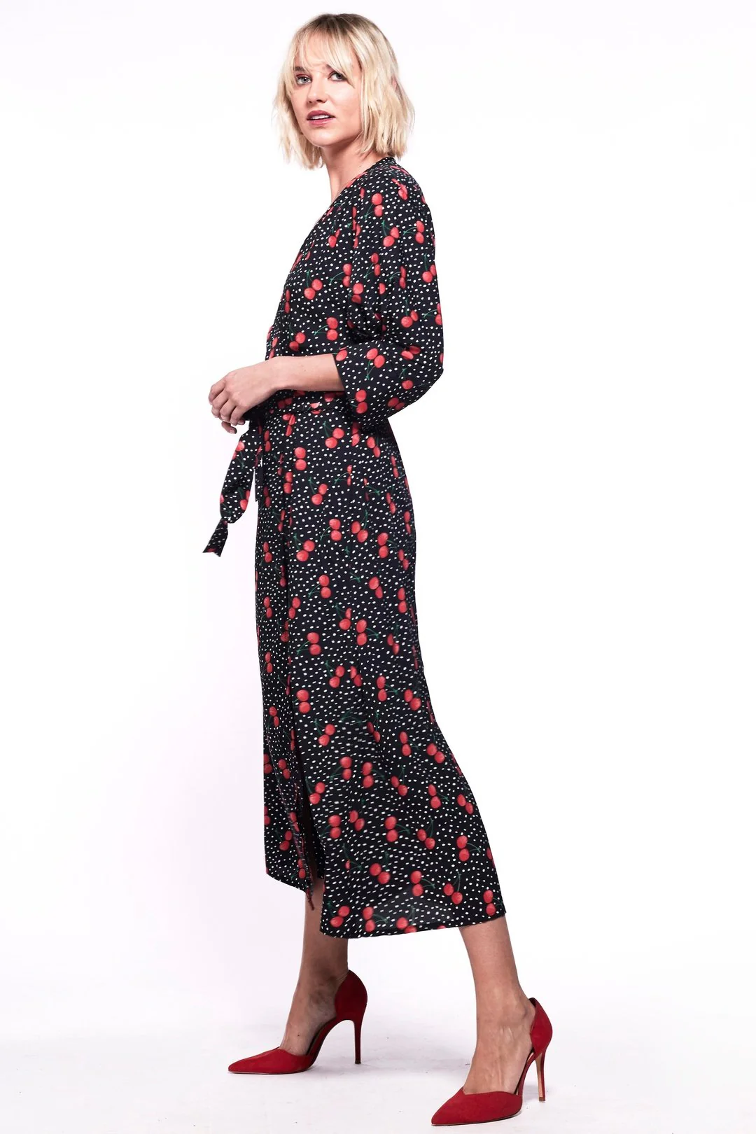 GABRIELA Wrap Dress Black and Cherry Print - Image 3