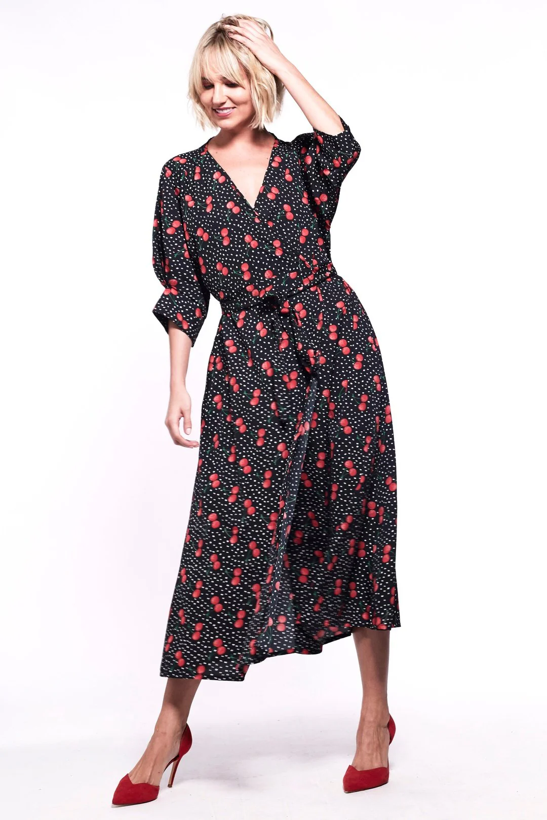 GABRIELA Wrap Dress Black and Cherry Print - Image 4