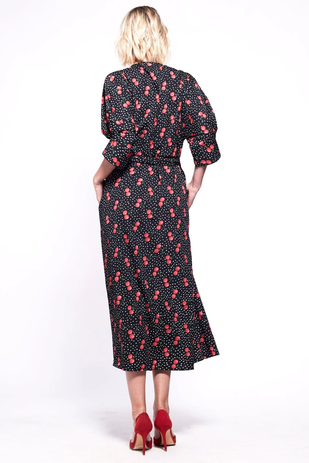 GABRIELA Wrap Dress Black and Cherry Print - Image 5