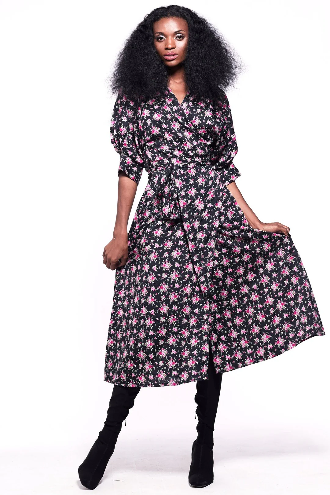 GABRIELA Wrap Dress Black & Rose Print - Image 2