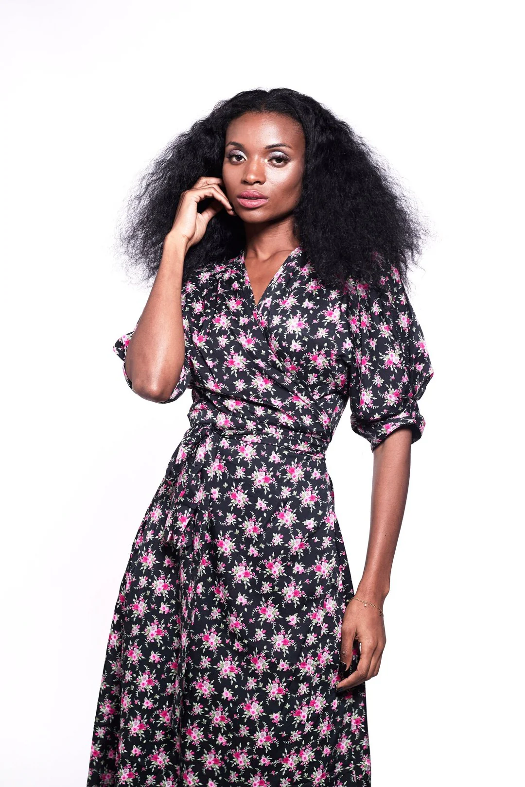 GABRIELA Wrap Dress Black & Rose Print - Image 3