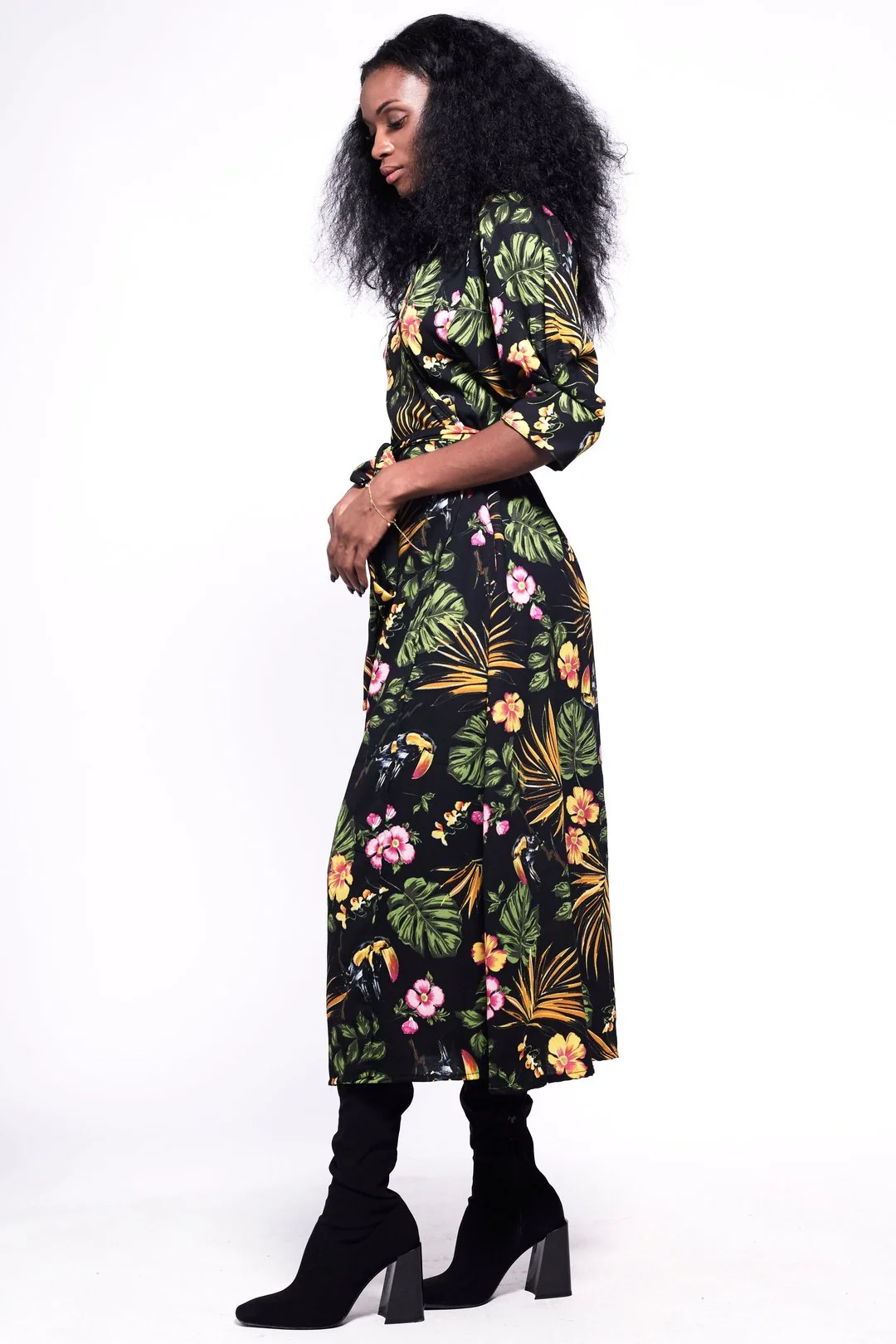 GABRIELA Wrap Dress Black & Tropical Floral Print - Image 2