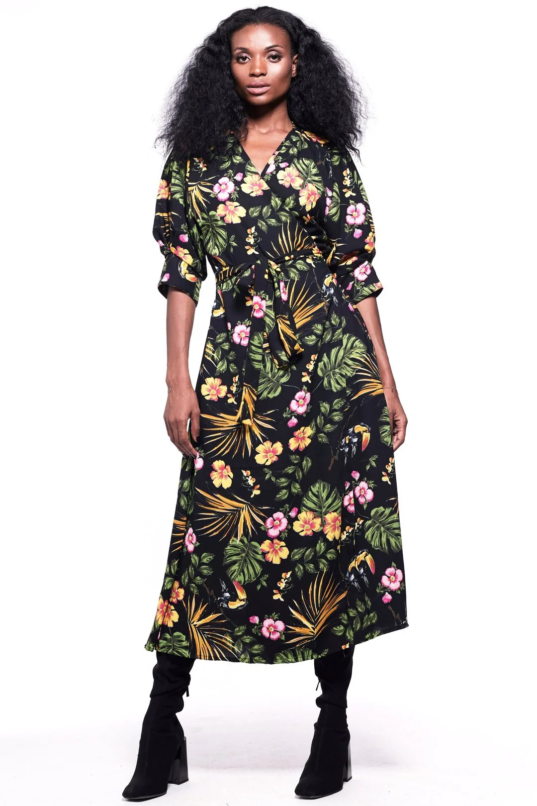 GABRIELA Wrap Dress Black & Tropical Floral Print - Image 4