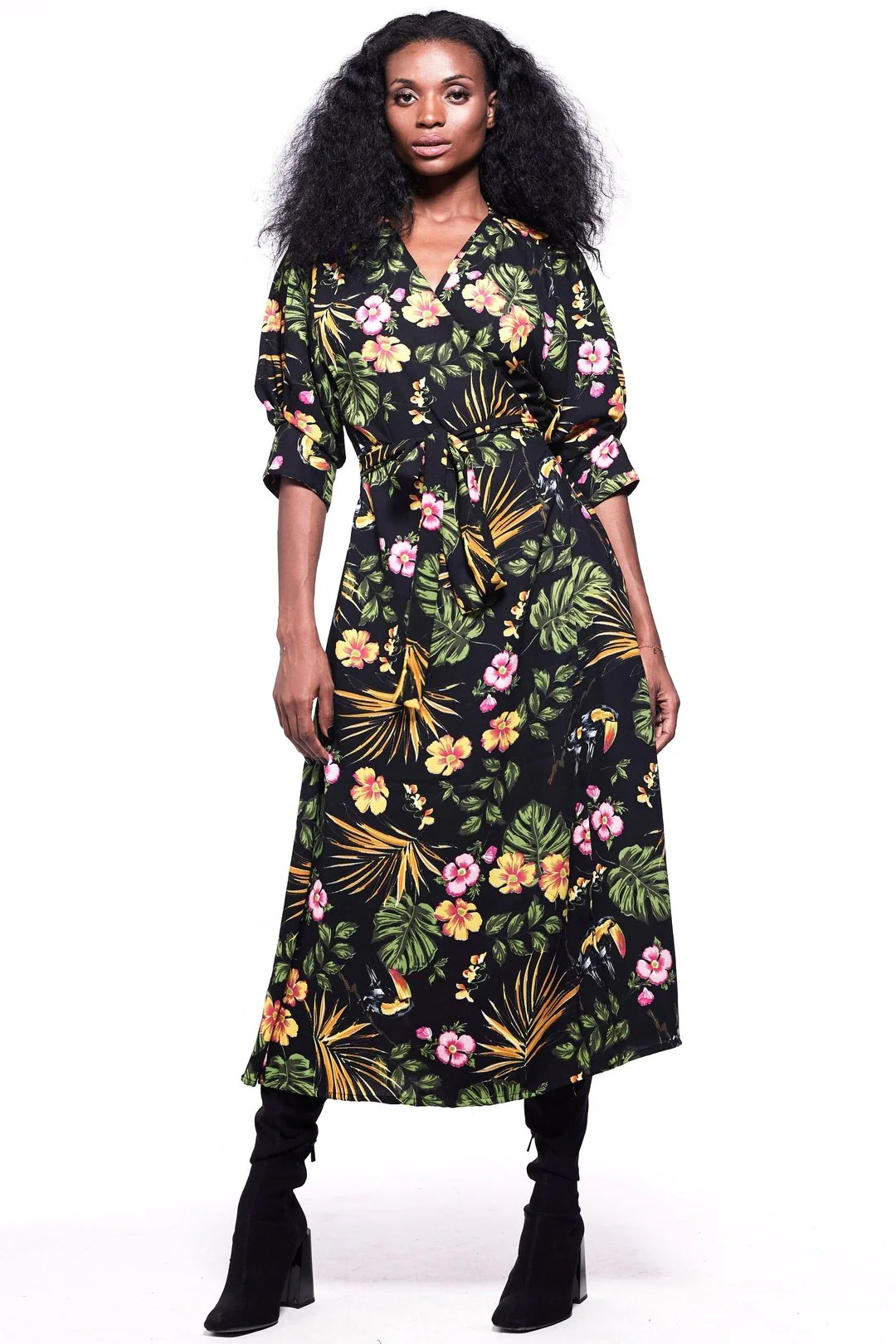 GABRIELA Wrap Dress / Black & Tropical Floral Print Midi Wrap Batwing Sleeves - Image 2