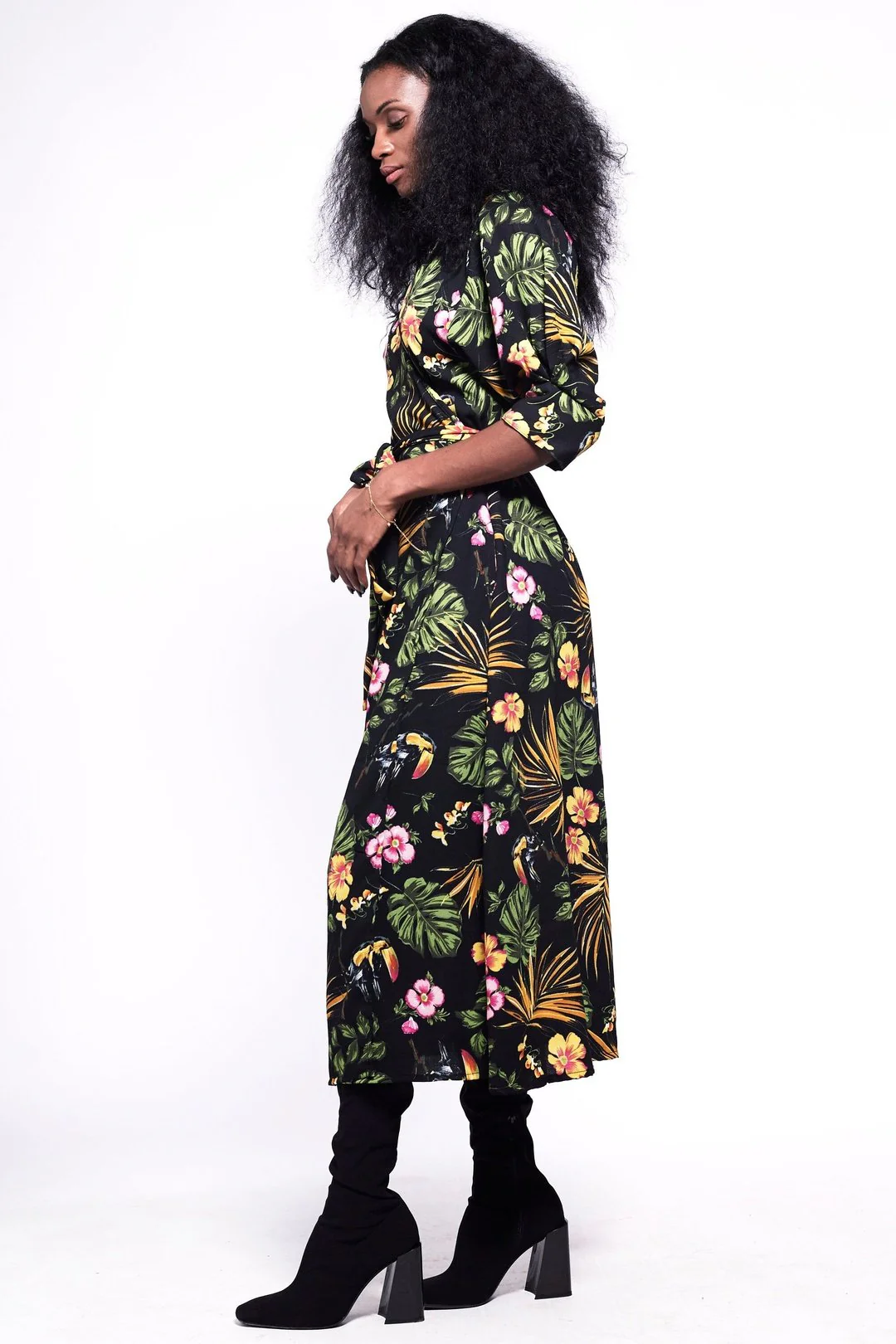 GABRIELA Wrap Dress / Black & Tropical Floral Print Midi Wrap Batwing Sleeves - Image 3