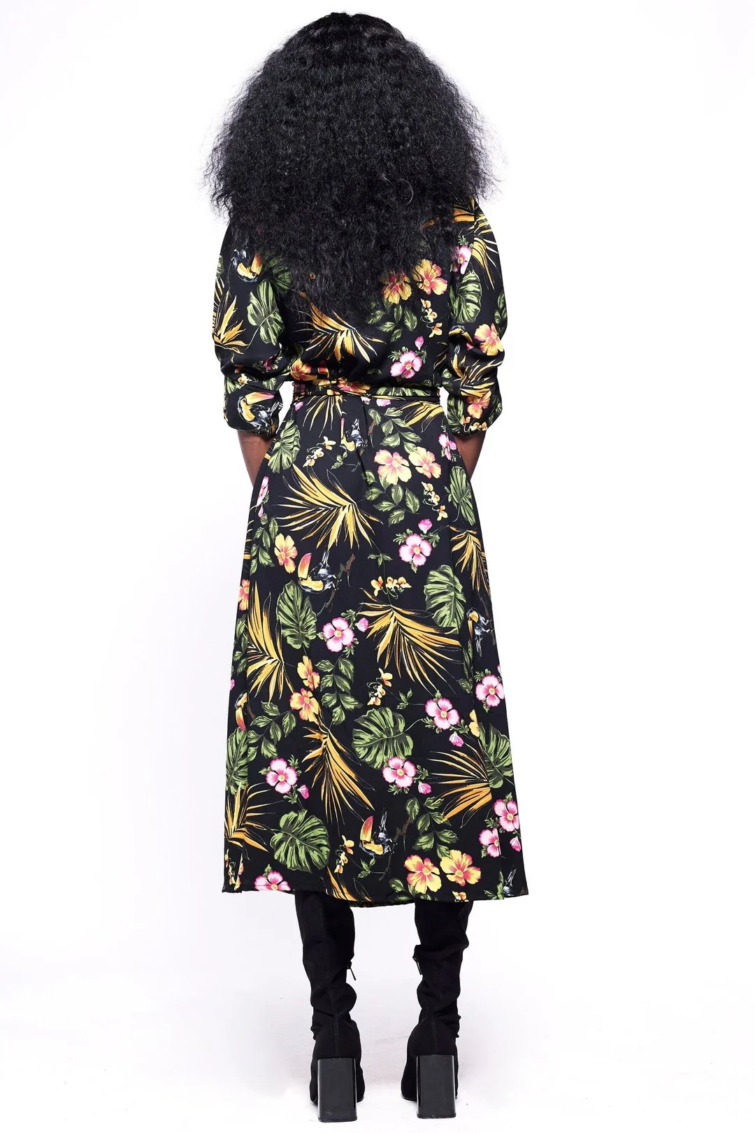 GABRIELA Wrap Dress / Black & Tropical Floral Print Midi Wrap Batwing Sleeves - Image 4