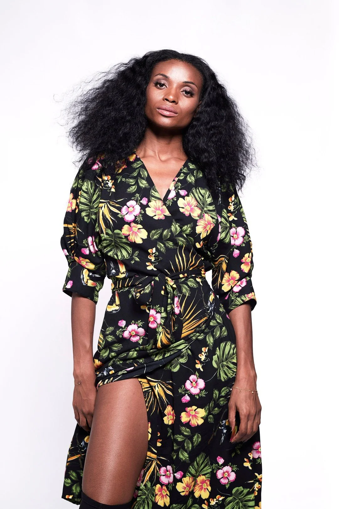 GABRIELA Wrap Dress / Black & Tropical Floral Print Midi Wrap Batwing Sleeves - Image 5