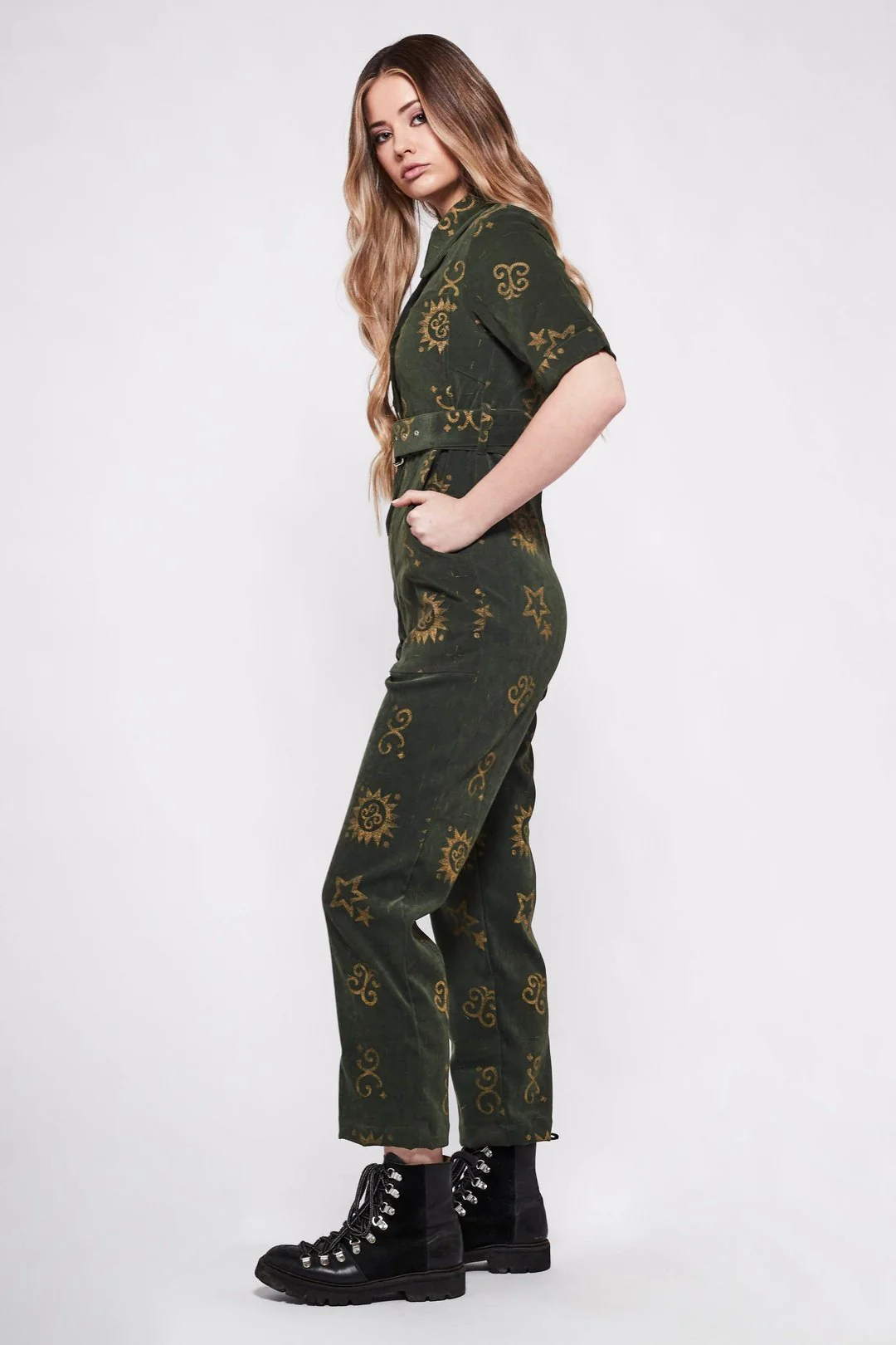 HEIDI Retro Jumpsuit in Batik Print Green - Image 3