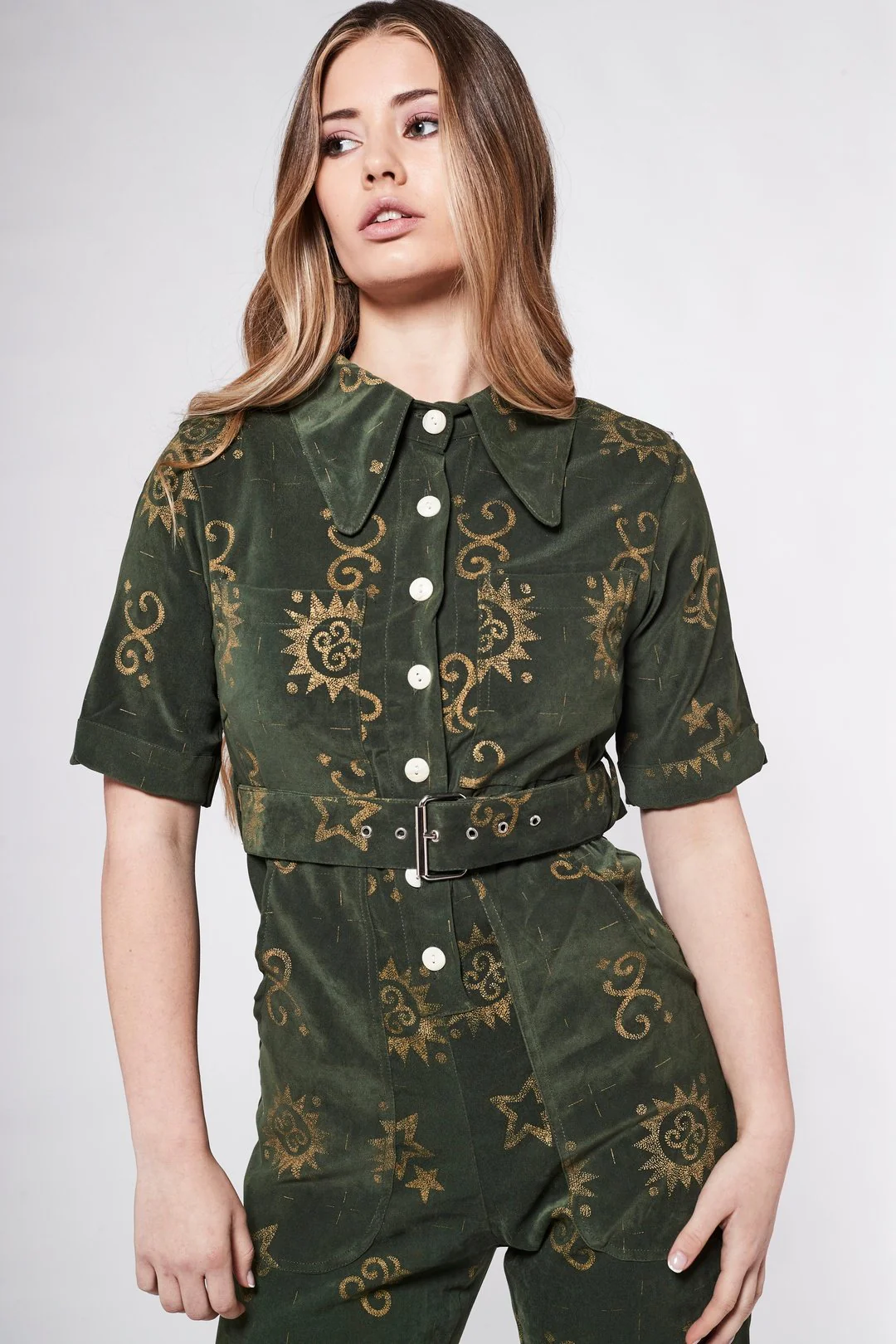HEIDI Retro Jumpsuit in Batik Print Green - Image 4