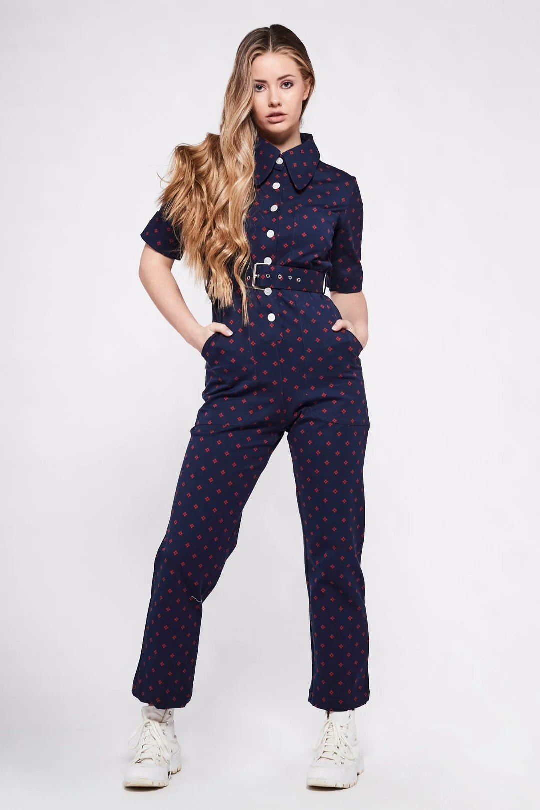 HEIDI Retro Jumpsuit - Navy & Red Diamond - Image 3