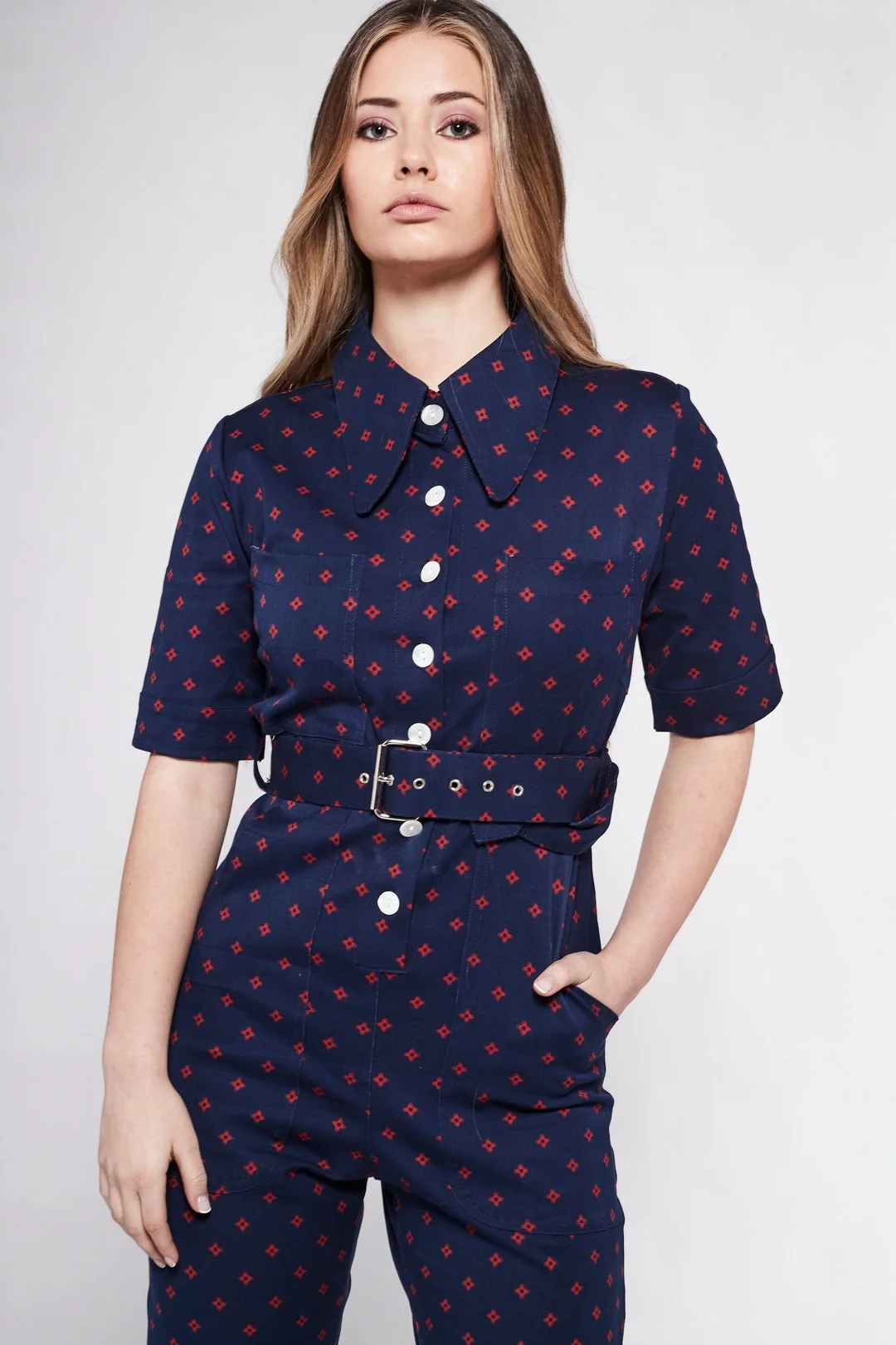 HEIDI Retro Jumpsuit - Navy & Red Diamond - Image 6