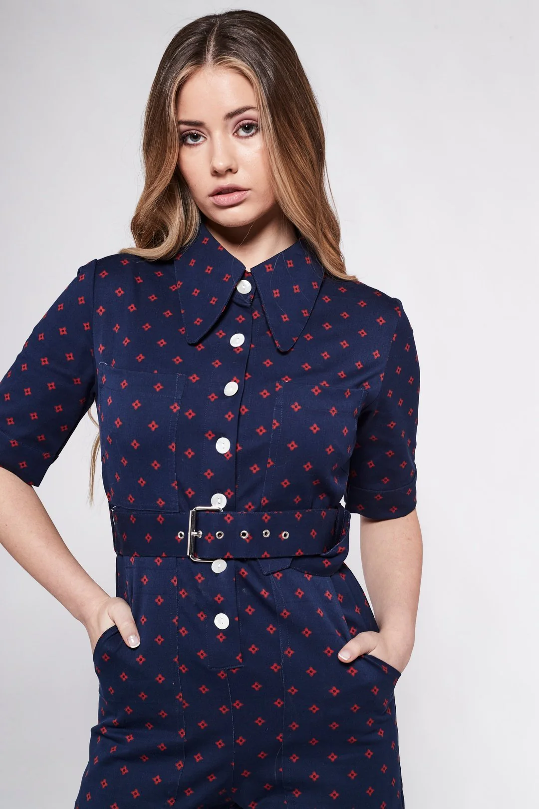 HEIDI Retro Jumpsuit - Navy & Red Diamond - Image 7