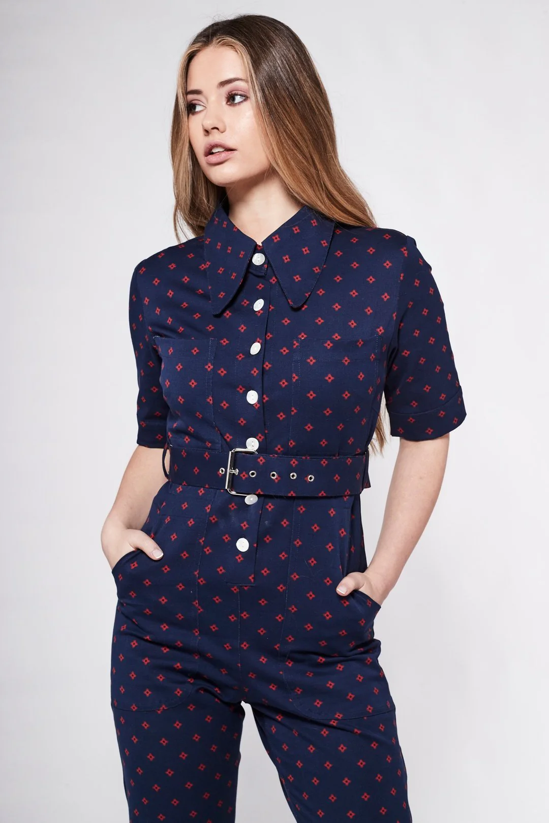 HEIDI Retro Jumpsuit - Navy & Red Diamond - Image 8