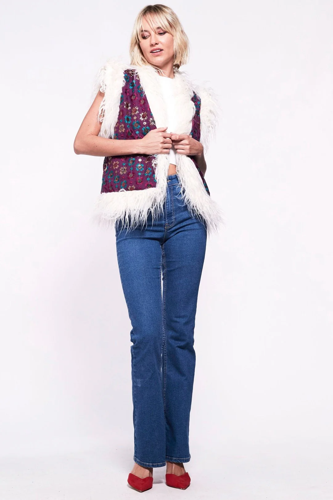 JONI Waistcoat - Afghan Style Burgundy Embroidered Gilet Fur Trim - Image 4