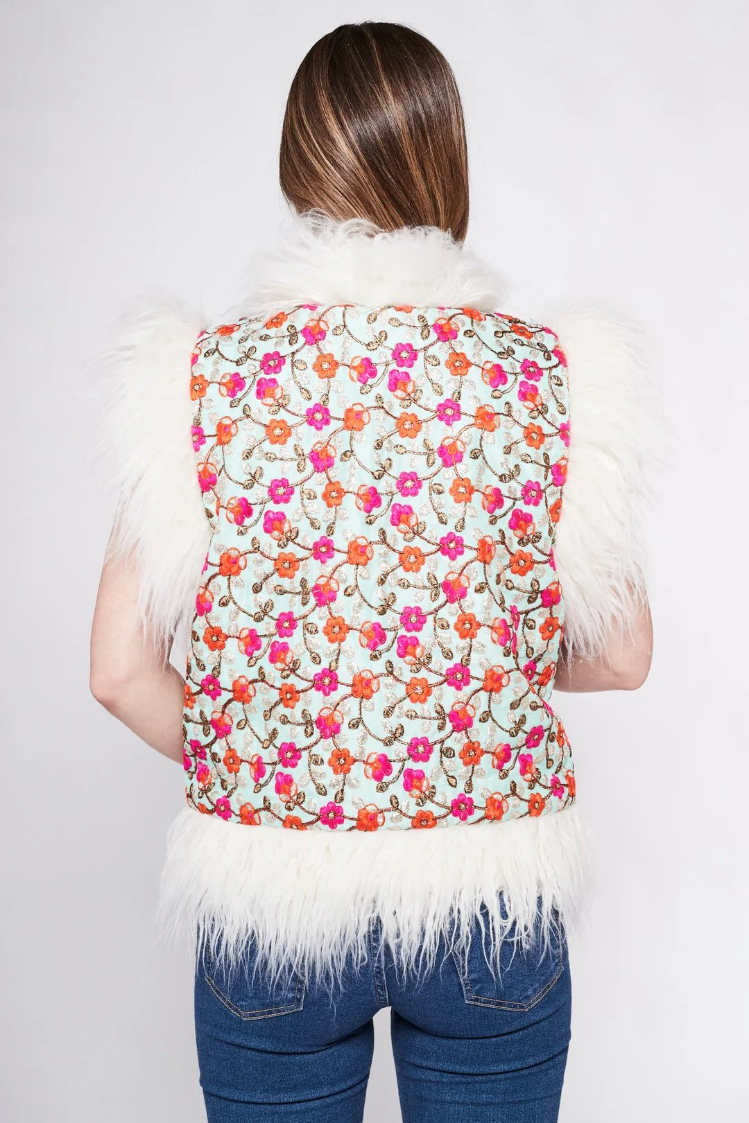 JONI Waistcoat - Baby Blue with pink and orange- Embroidered Gilet Fur Trim - Image 3