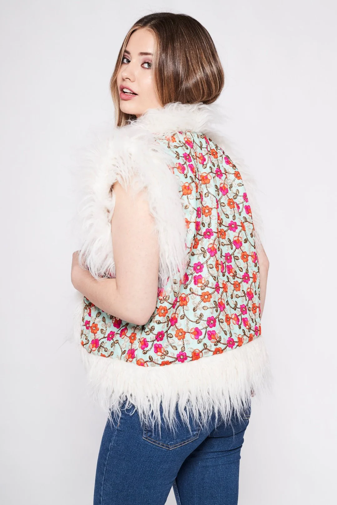 JONI Waistcoat - Baby Blue with pink and orange- Embroidered Gilet Fur Trim - Image 4