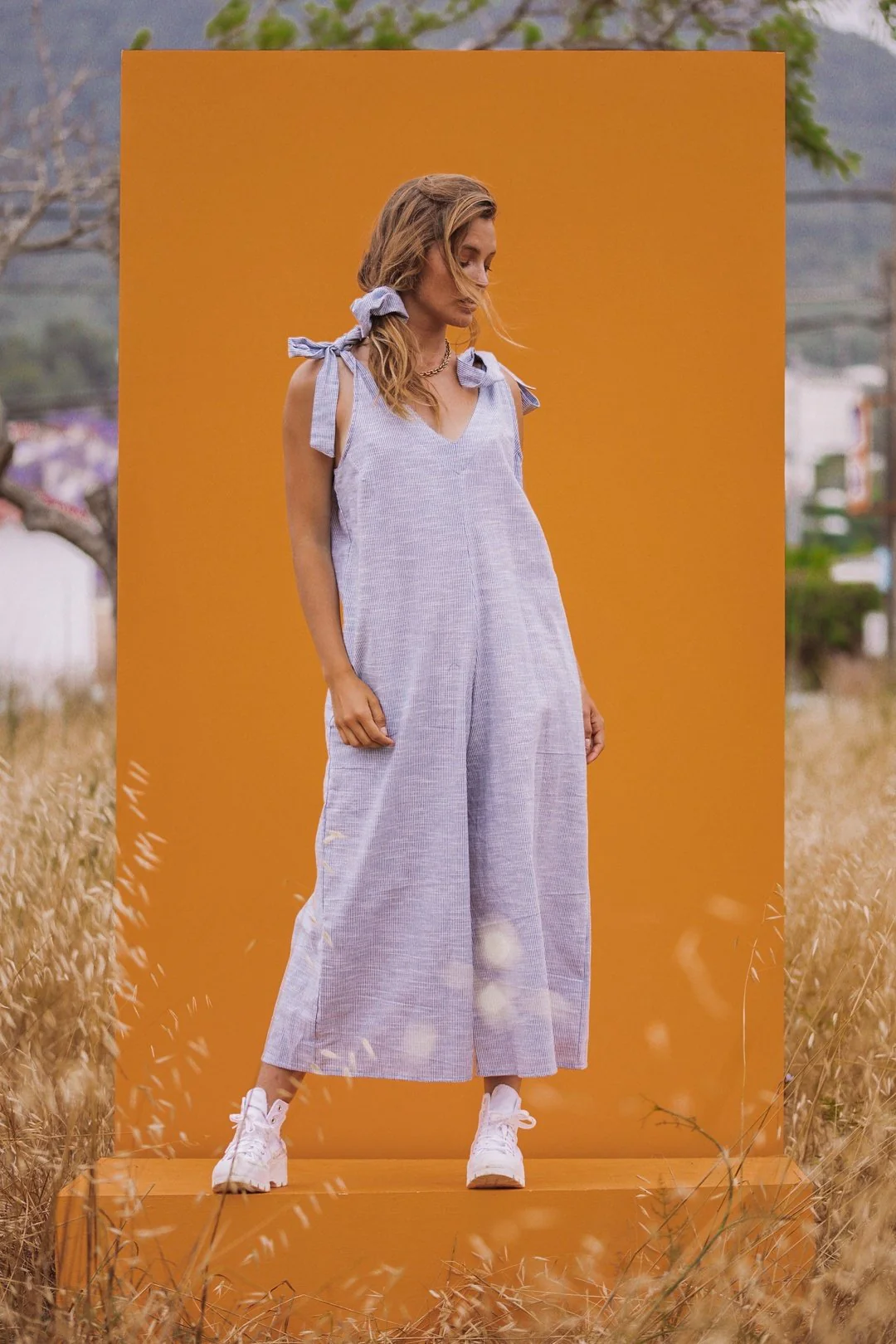 KIRI cotton Womens White/Blue pin stripe tie jumpsuit - Image 3