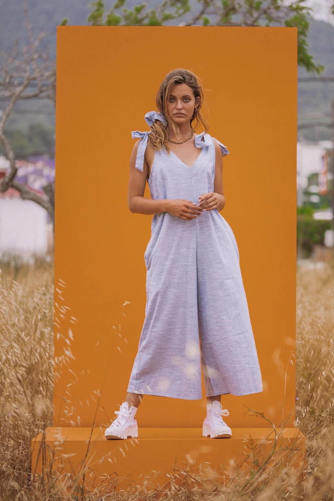 KIRI cotton Womens White/Blue pin stripe tie jumpsuit - Image 4