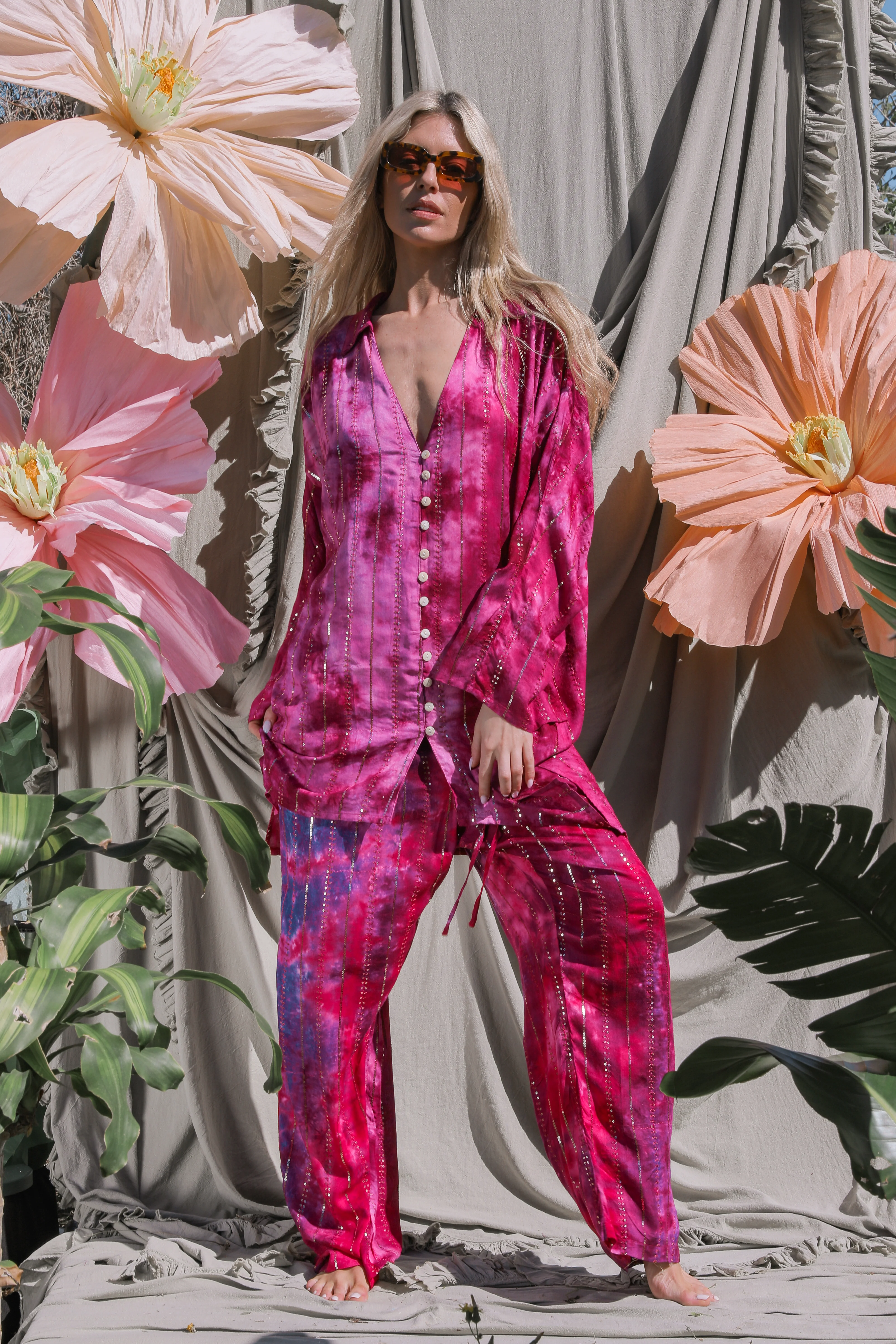 'Las Dalias' LOUNGE SET Shirt - Hot Pink - Image 3