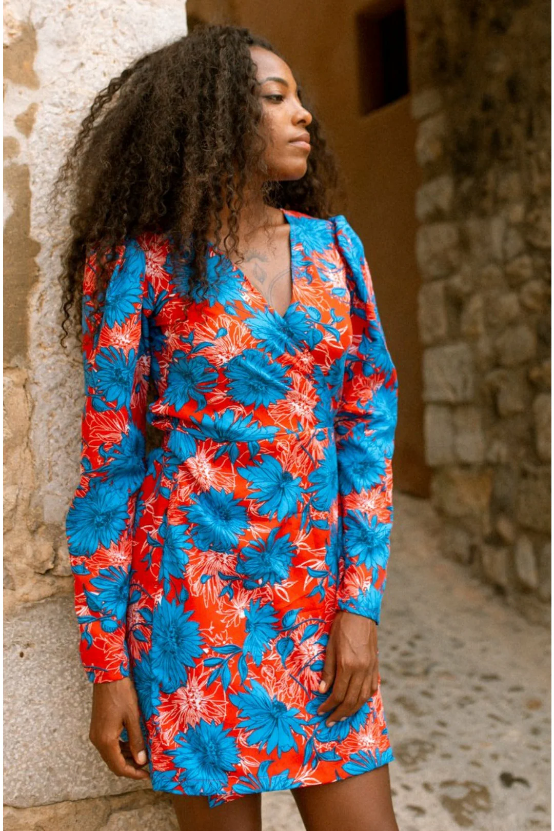 MARIA mini wrap dress - Red and Blue flower - Image 3