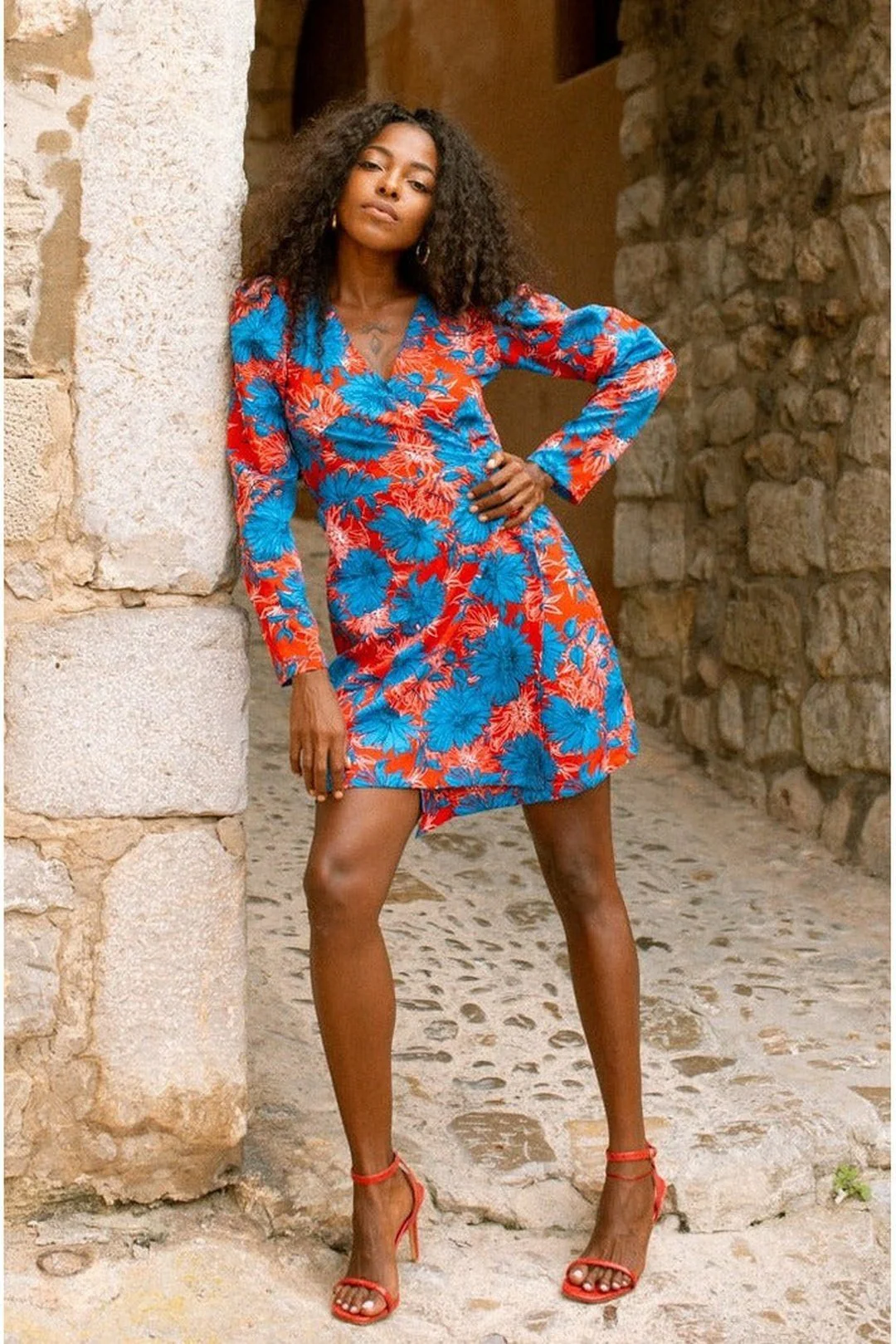 MARIA mini wrap dress - Red and Blue flower - Image 4