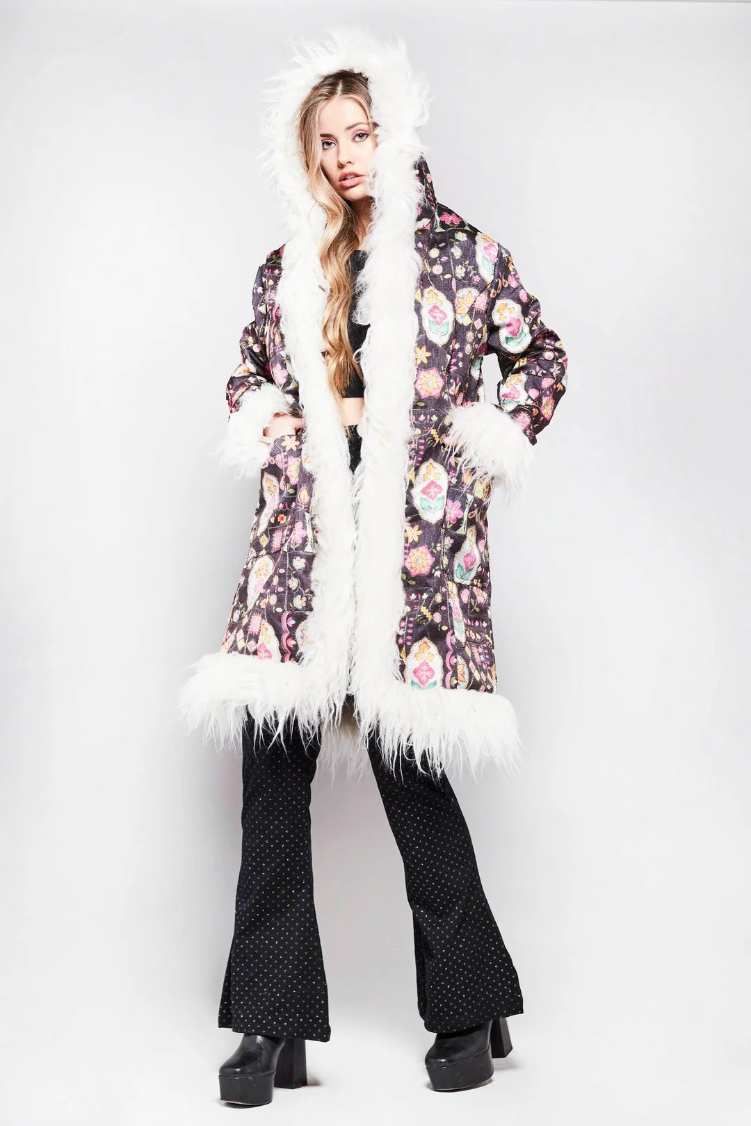 MEMPHIS Hooded Afghan Coat in Black Embroidery