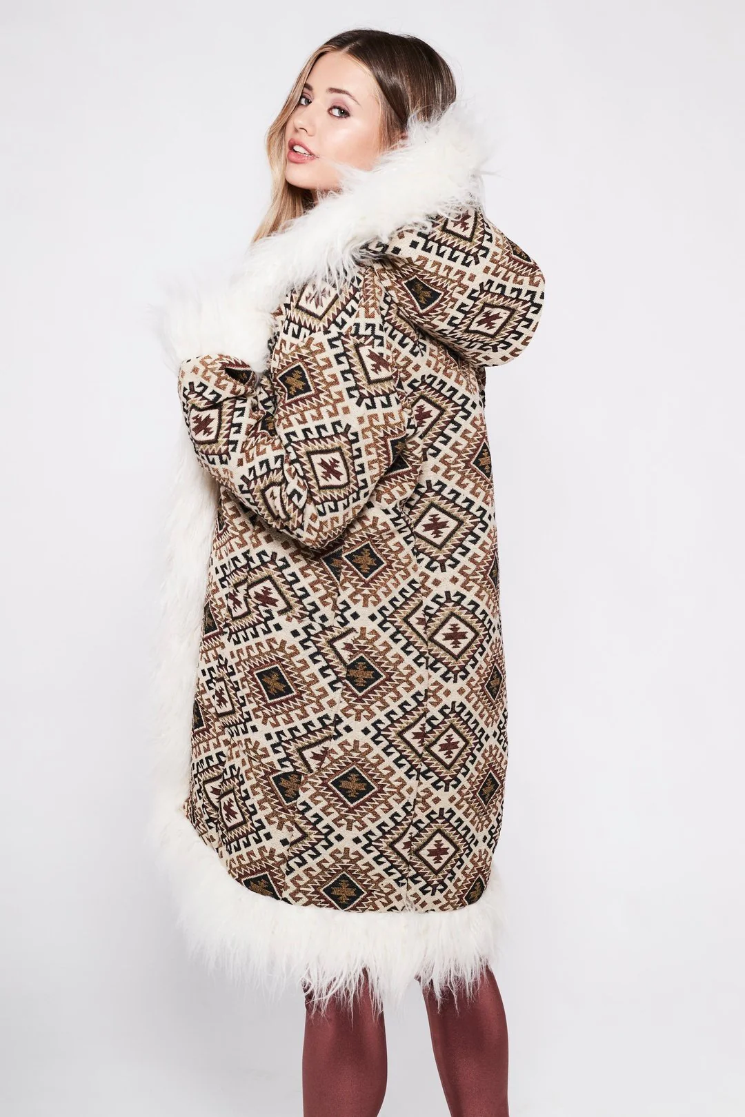 MEMPHIS Hooded Afghan Coat in Brown Geo - Image 2