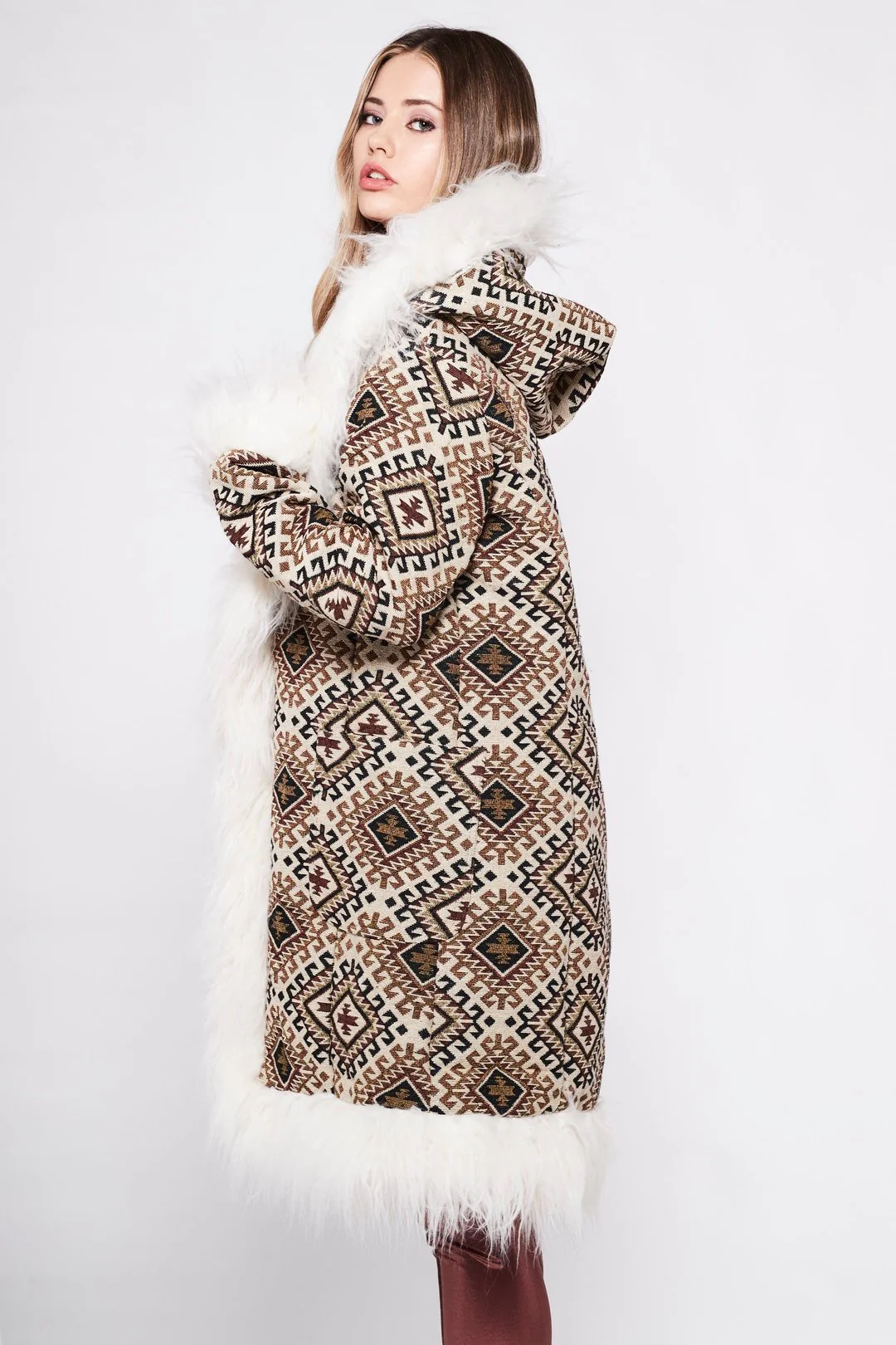 MEMPHIS Hooded Afghan Coat in Brown Geo - Image 5