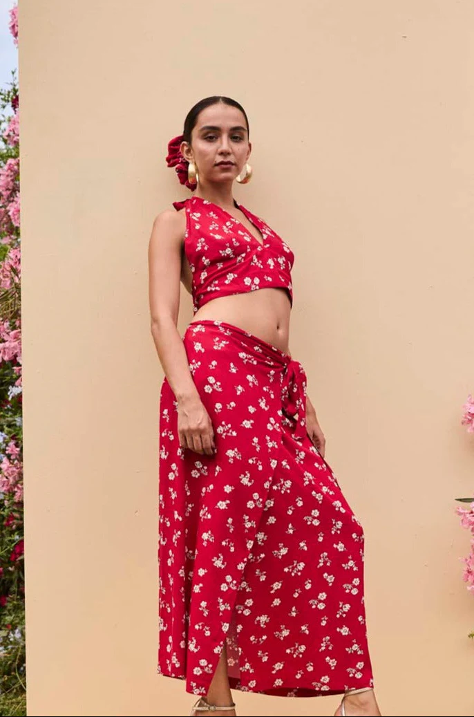 Henni Halter Crop Top in Red Floral